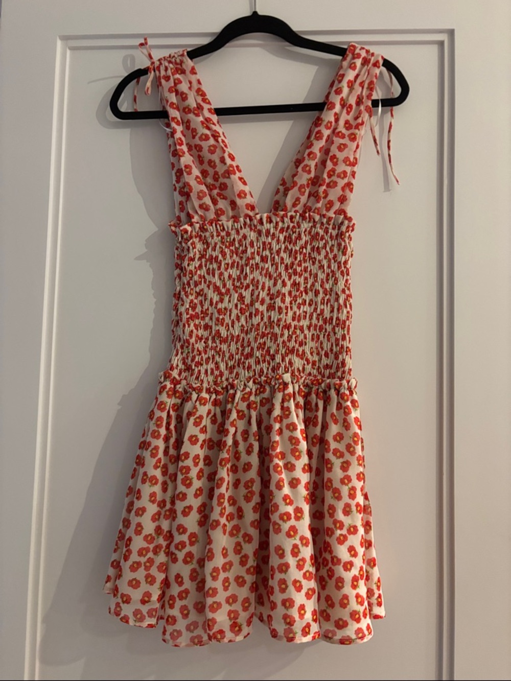 NWT Zara Smocked Floral Mini Dress in Cream and Red XS